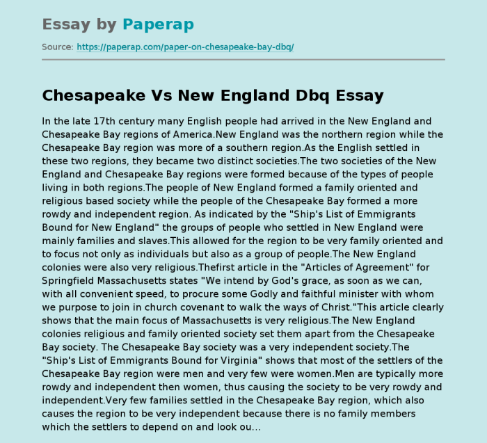 Although new england and the chesapeake region dbq