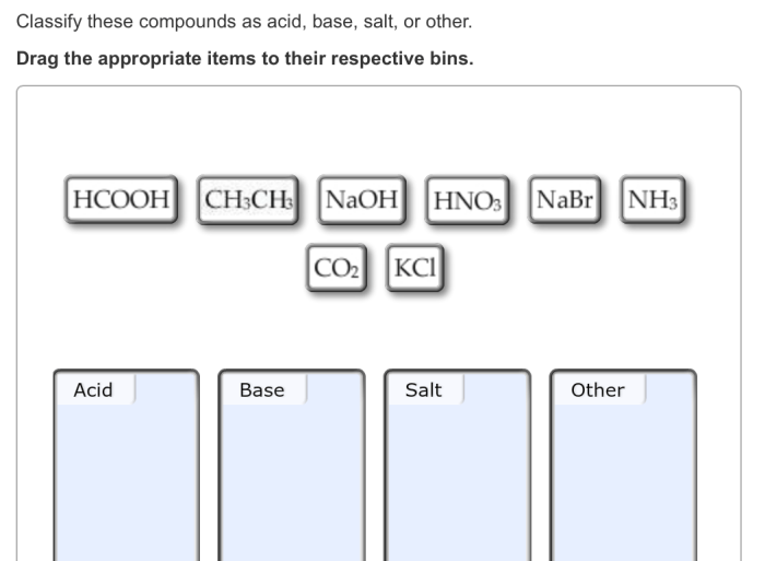 Compounds classify acid bins respective drag appropriate items their base solved these salt help recognize cooh transcribed problem other text